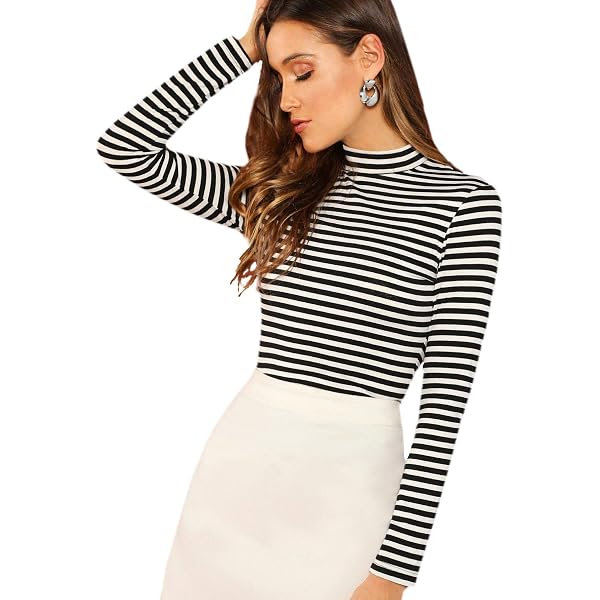 Floerns Women's High Neck Long Sleeve Slim Fit Stretch Striped T